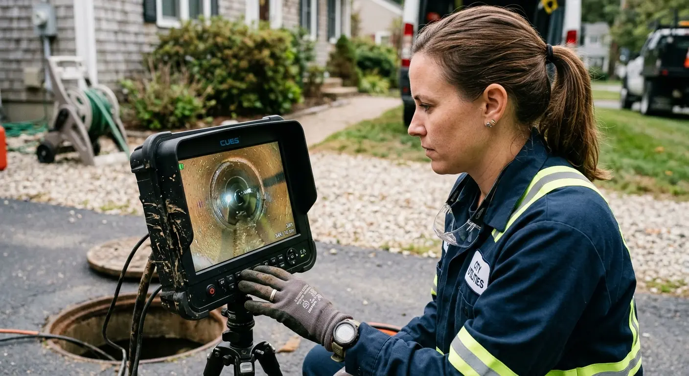 Technician reviewing sewer camera inspection footage in Athens